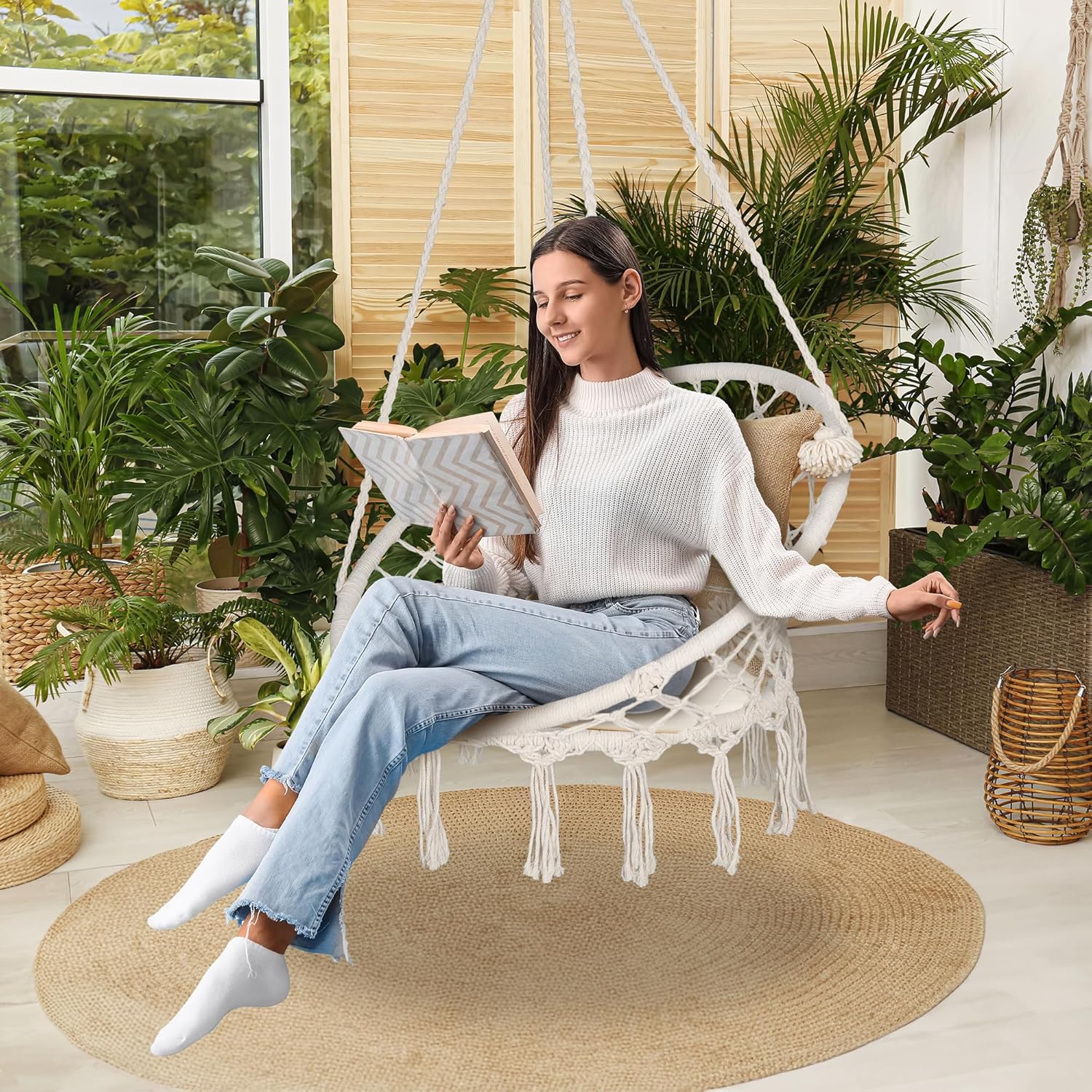 Hammock Swing Chair for Indoor Outdoor, Rope Swing Chairs with Macrame