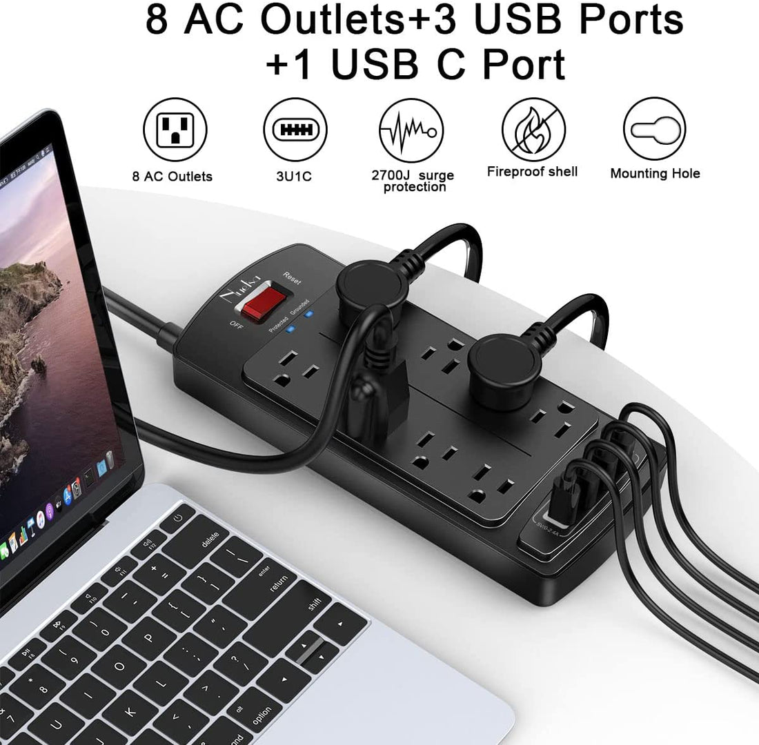 Surge Protector Power Strip -  Flat Plug Extension Cord with 8 Outlets and 4 USB Ports, 6 Feet Power Cord (1625W/13A), 2700 Joules, ETL Listed, Black