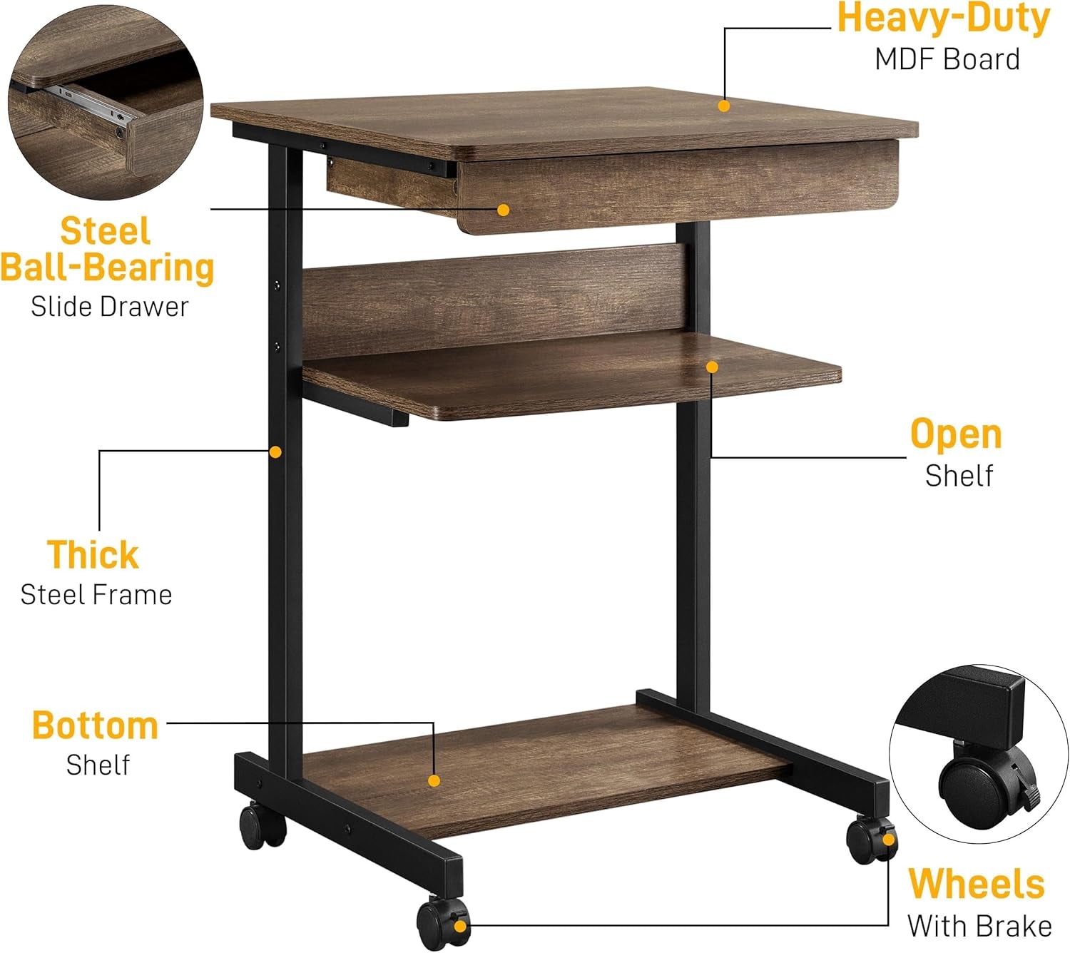 Small Rolling Computer Desk with Storage Drawer, Rolling Home Office Computer Desk with Keyboard Tray, Laptop Desk with Wheels and Drawer, Taupe Wood