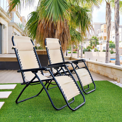 Set of 2 Adjustable Folding Recliners Lounge Chairs with Cup Holders and Headrest for Patio