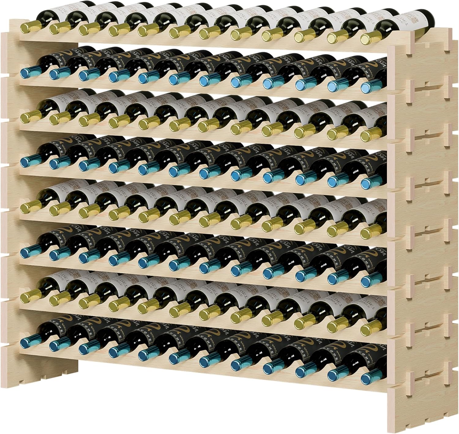 Stackable 8-Tier Wooden Wine Rack for 96 Bottles - Freestanding and Wobble-Free Storage