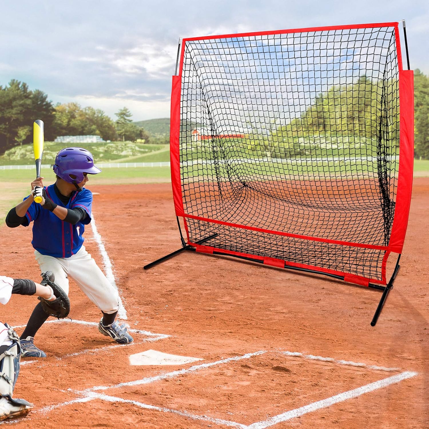 5x5ft Portable Baseball &amp; Softball Net, Practice Hitting and Pitching Net with Bow Frame, Carry Bag, Baseball Backstop Screen Equipment