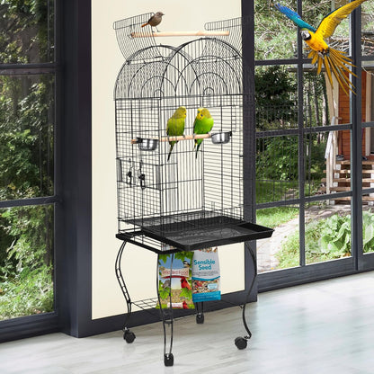 63.5 Inch Open-Top Wrought Iron Bird Cage with Slide-Out Tray + Detachable Rolling Stand