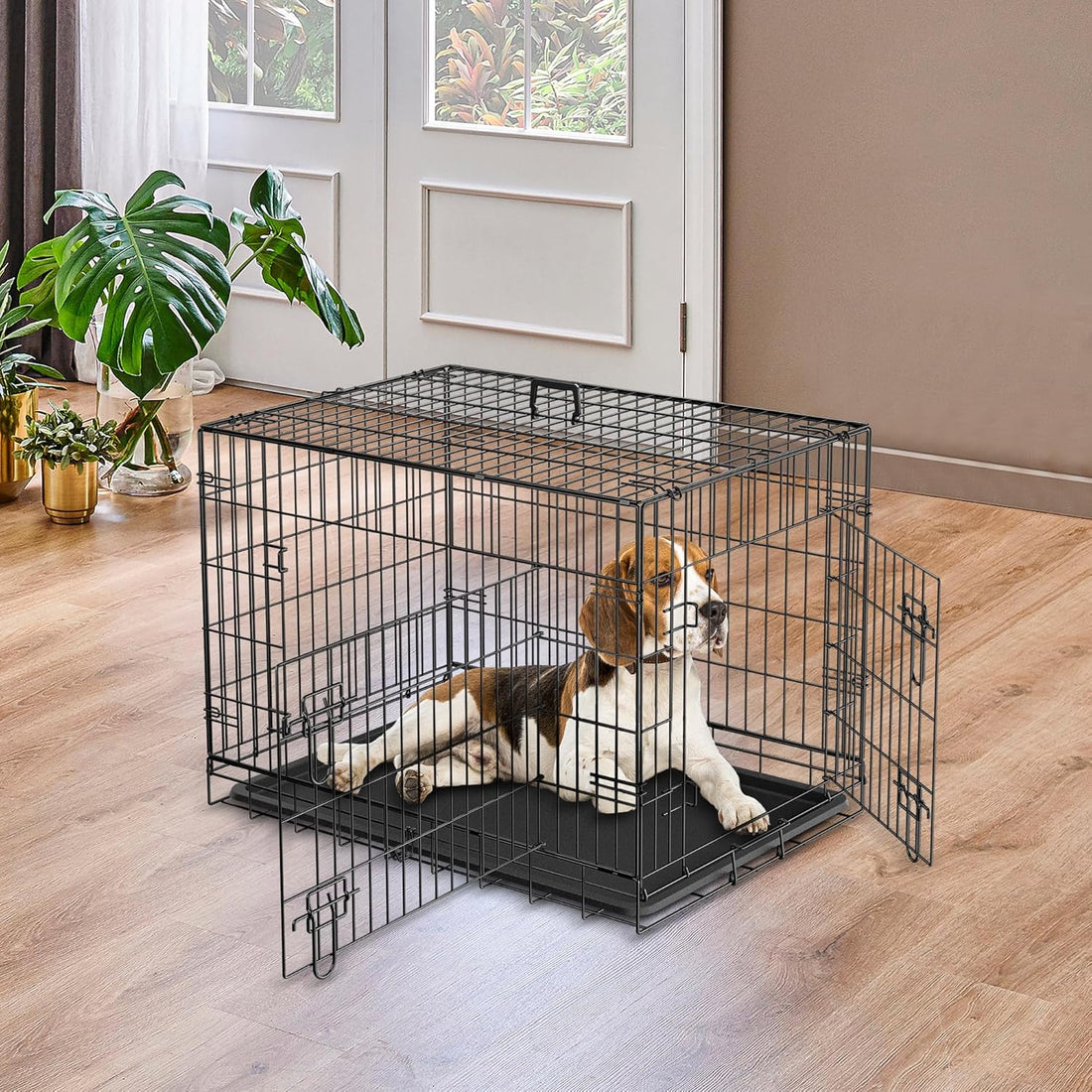 30/36/42 Inch Dog Crate Double Door Folding Metal Dog Crate Kennel with Tray and Handle