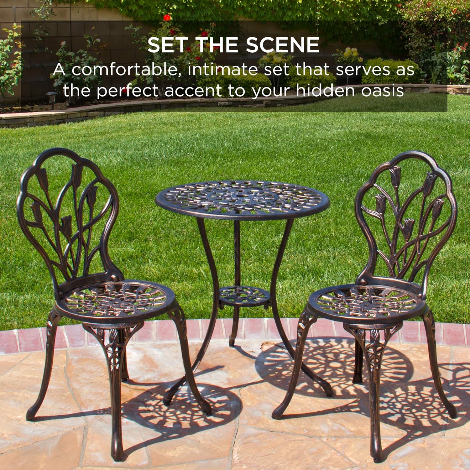 3-Piece Outdoor Rust-Resistant Cast Aluminum Patio Bistro Set W/Tulip Design