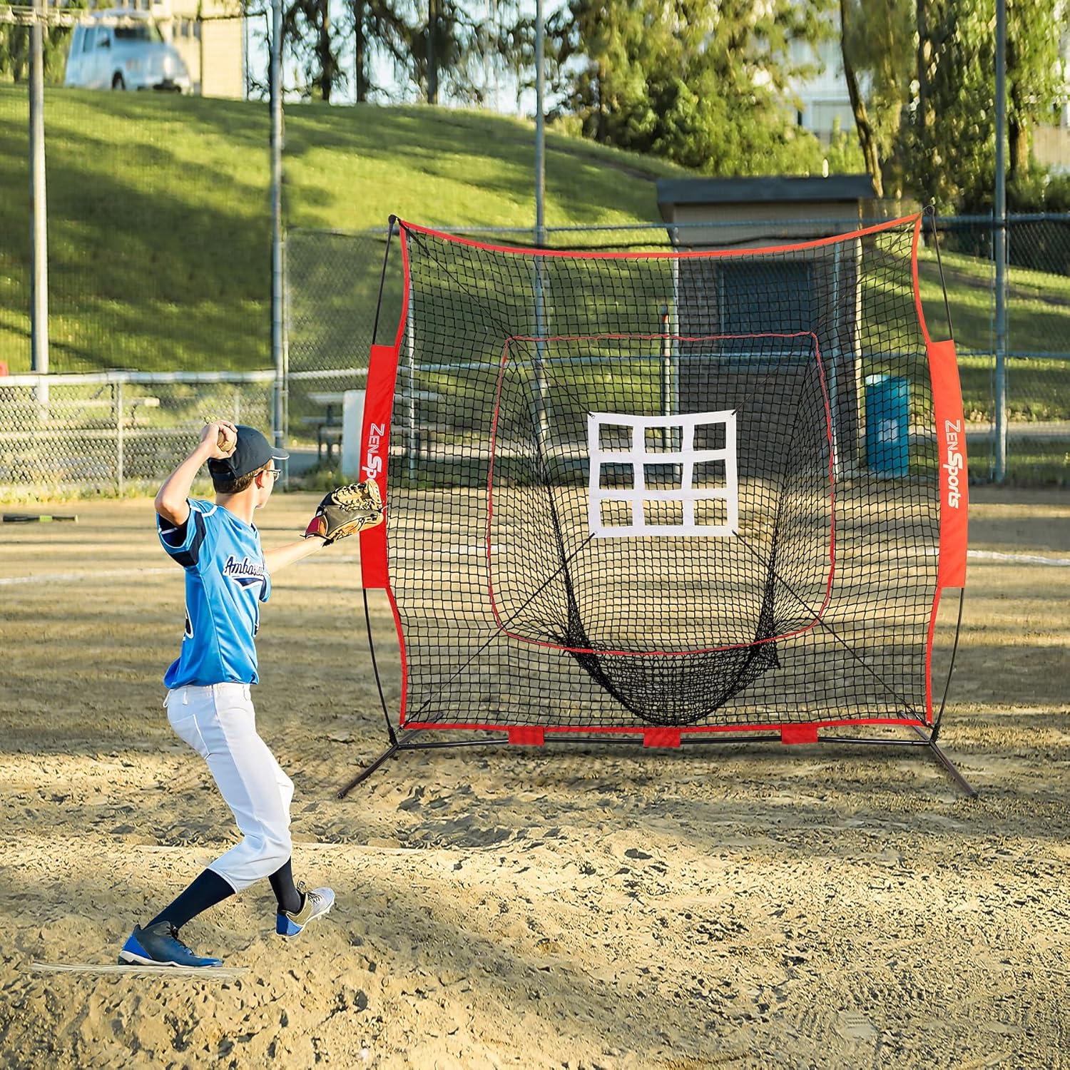 7x7 Baseball Softball Practice Hitting Net with Batting Tee Pratice Pitching Batting Fielding with Strike Zone Target and Carrying Bag