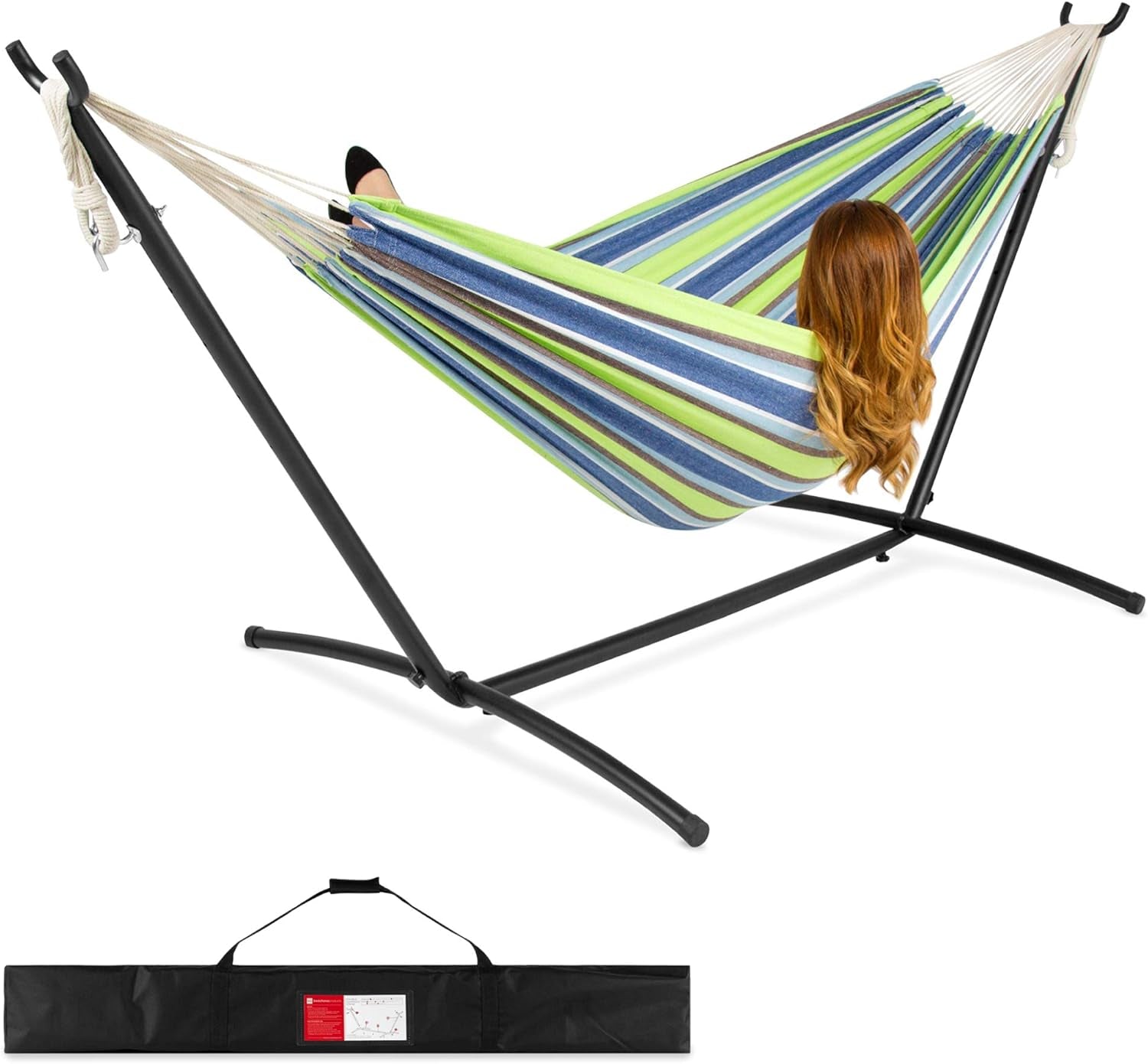 Double Hammock with Steel Stand, Indoor Outdoor Brazilian-Style Cotton Bed W/Carrying Bag, 2-Person Capacity - Desert Stripes