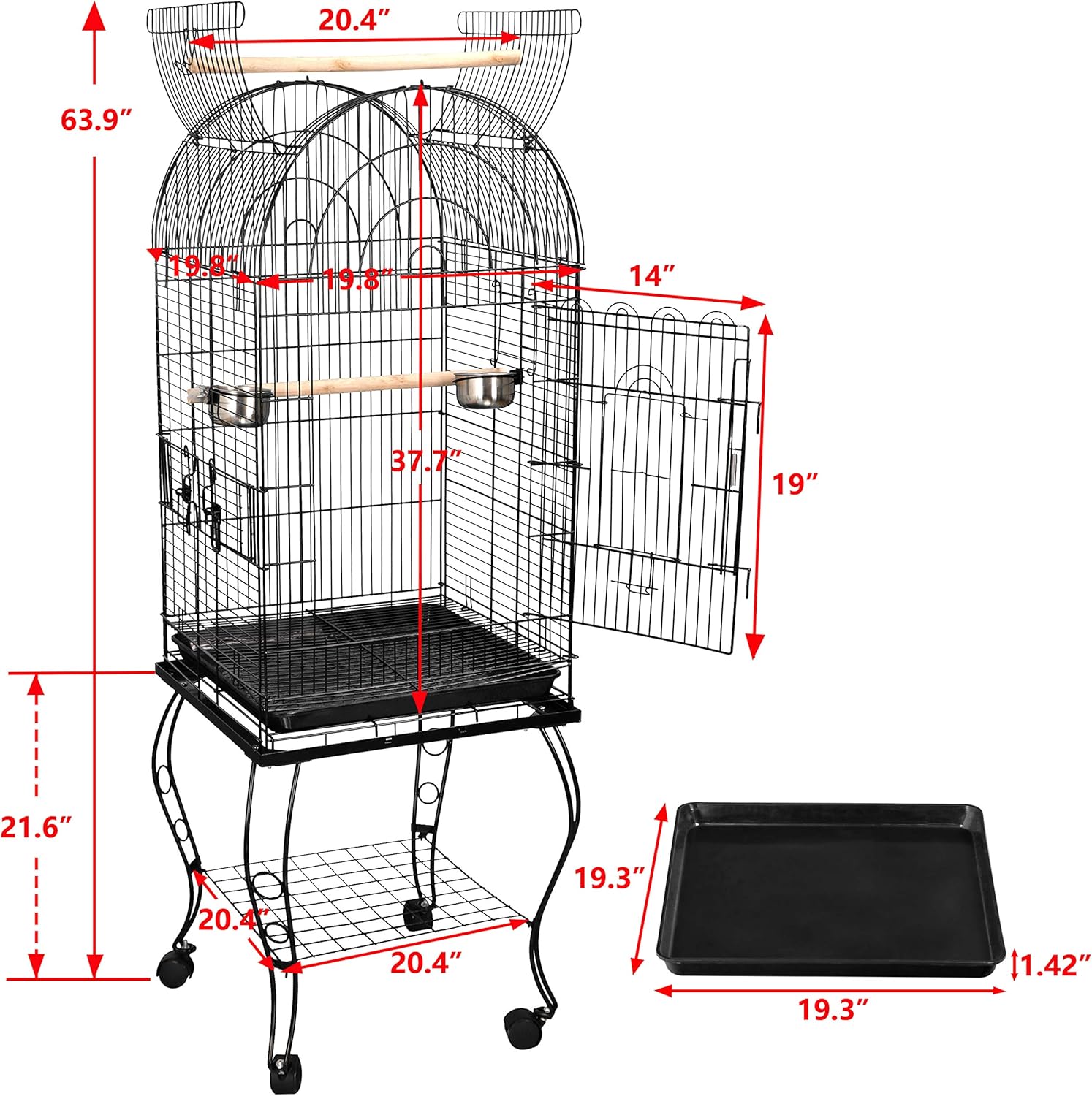 63.5 Inch Open-Top Wrought Iron Bird Cage with Slide-Out Tray + Detachable Rolling Stand