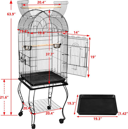 63.5 Inch Open-Top Wrought Iron Bird Cage with Slide-Out Tray + Detachable Rolling Stand