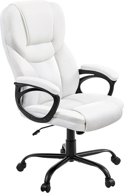 High Back Executive Chair Faux Leather Managerial Chair Ergonomic Task Chair Computer Meeting Chair Large Seat Swivel Chair, Sturdy Metal Base,White