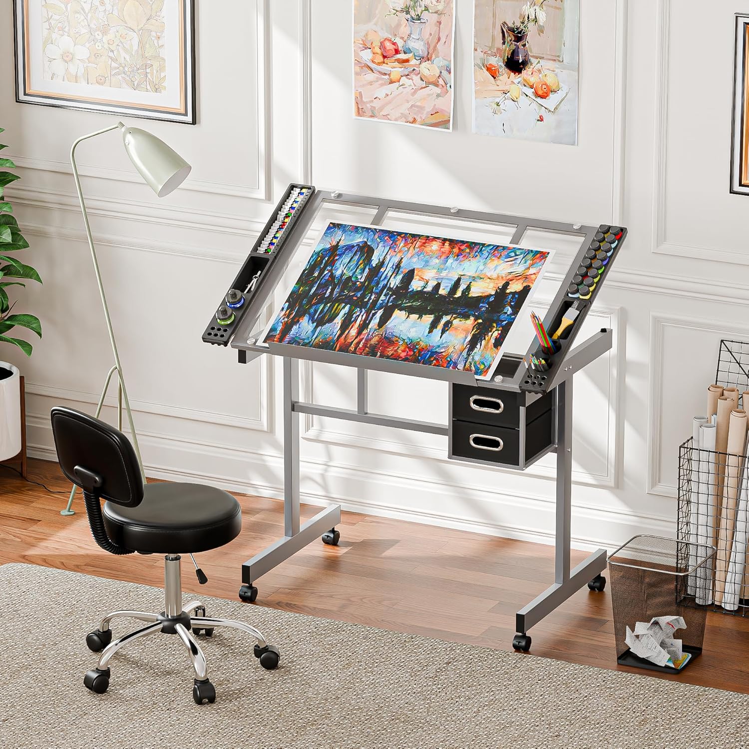 Adjustable Glass Tabletop Drafting Table on Wheels with Storage Drawers