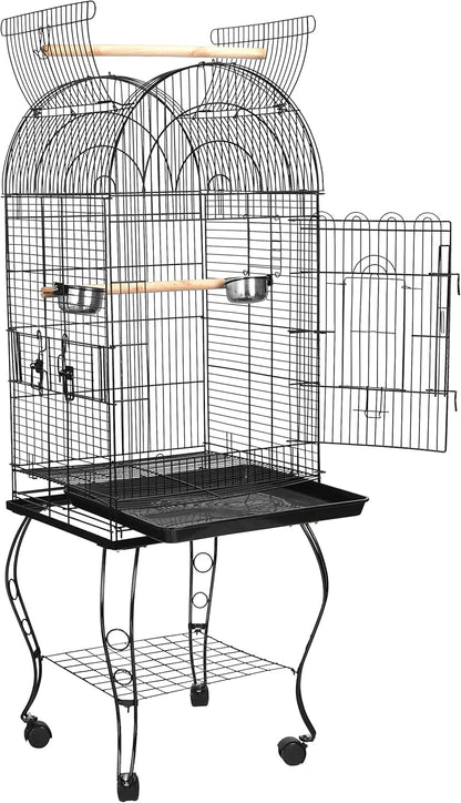 63.5 Inch Open-Top Wrought Iron Bird Cage with Slide-Out Tray + Detachable Rolling Stand