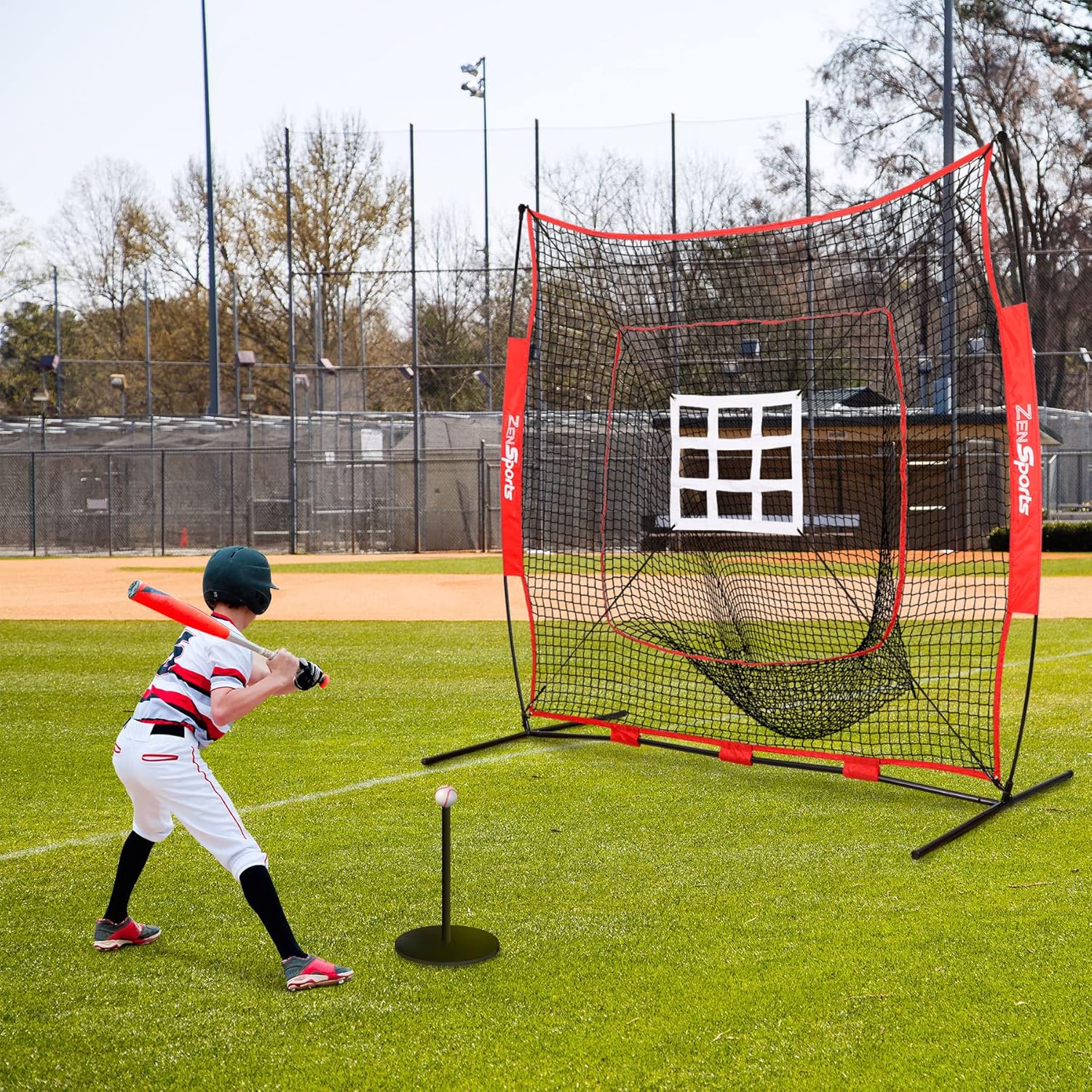 7x7 Baseball Softball Practice Hitting Net with Batting Tee Pratice Pitching Batting Fielding with Strike Zone Target and Carrying Bag