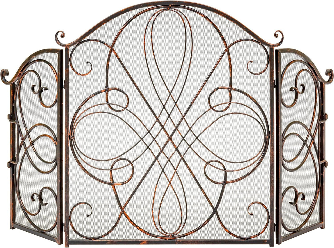 3-Panel 55X33In Solid Wrought Iron See-Through Metal Fireplace Screen, Spark Guard Safety Protector W/Decorative Scroll - Copper