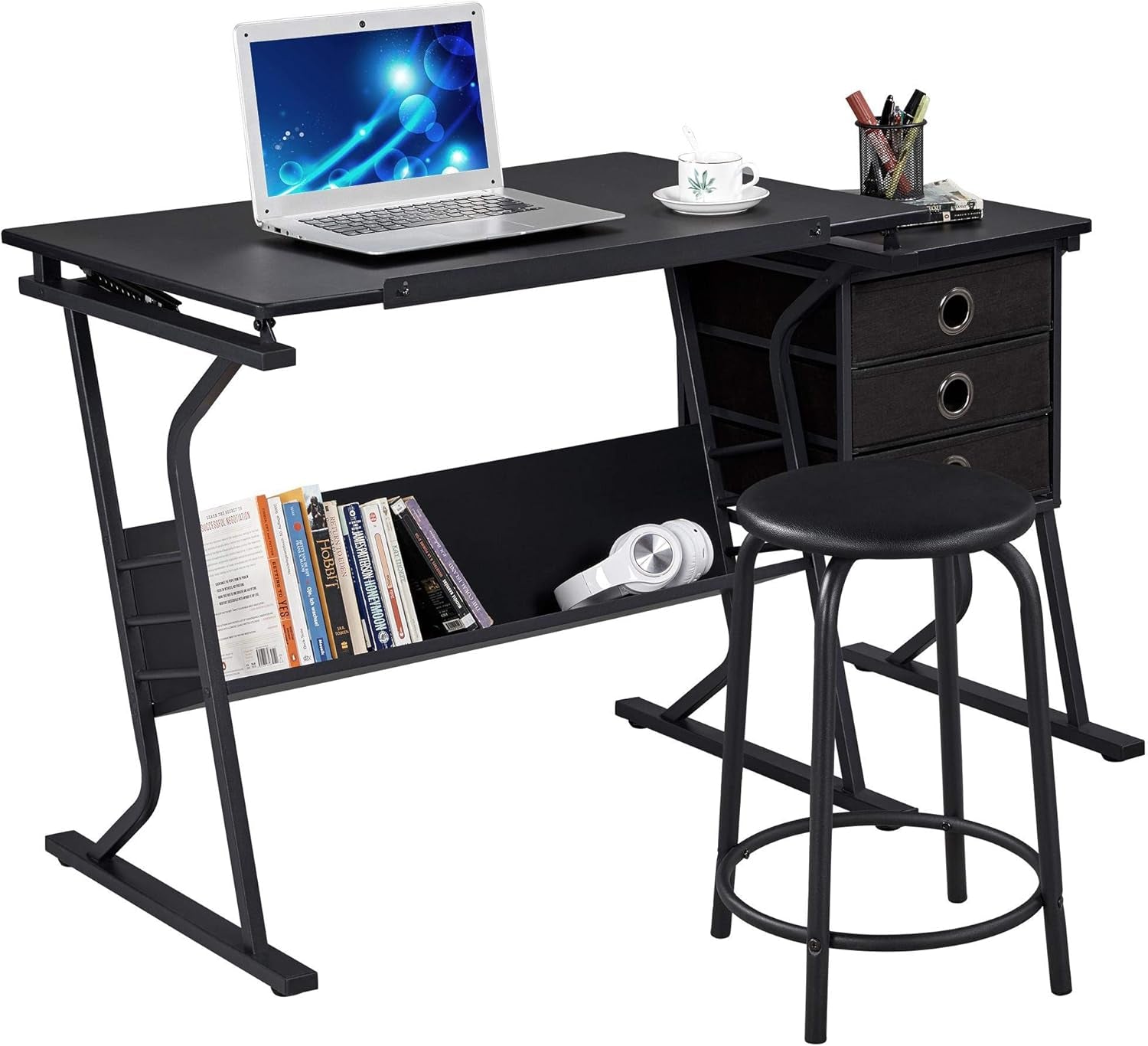 Drafting Table for Adults/Artists, Drawing Desk, Tabletop Adjustable Art/Craft Desk with Stool and 3 Slide Drawers, Sketching Painting Artwork Station for Art Studio Home Office School