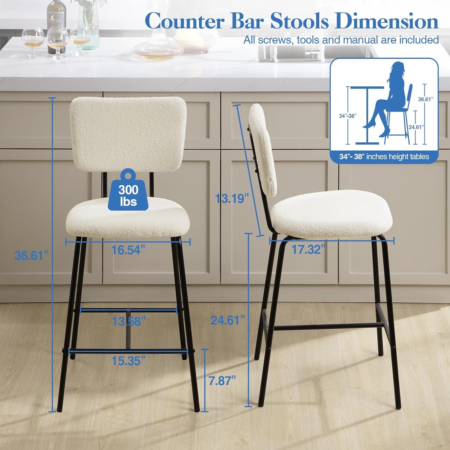 Bar Stools Set of 4 Boucle Fabric Bar Stool - Modern White Counter Height Bar Stools, Upholstered Counter Chairs for Kitchen Island/Kitchen Counter