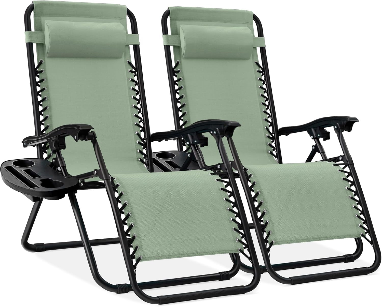 Set of 2 Adjustable Steel Mesh Zero Gravity Lounge Chair Recliners W/Pillows and Cup Holder Trays - Black