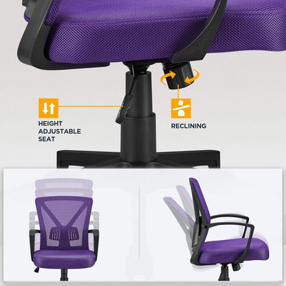 Mesh Office Desk Chairs Ergonomic Task Chairs with Adjustable Lumbar Support Mid Back Swivel Chair Purple