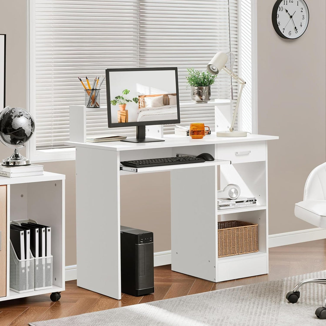 Home Office Wood Computer Desk with Keyboard Tray and Drawers, Students Writing Table with Storage Drawers &amp; Hutch, Modern PC Laptop Desk, Multifunctional Workstation, White