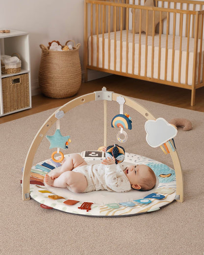 Baby Play Gym &amp; Activity Mat, 5 Developmental Zones Wooden Tummy Time Mat with 6 Detachable Sensory Toys for Motor Skills &amp; Sensory Development, Baby Essentials Shower Gift