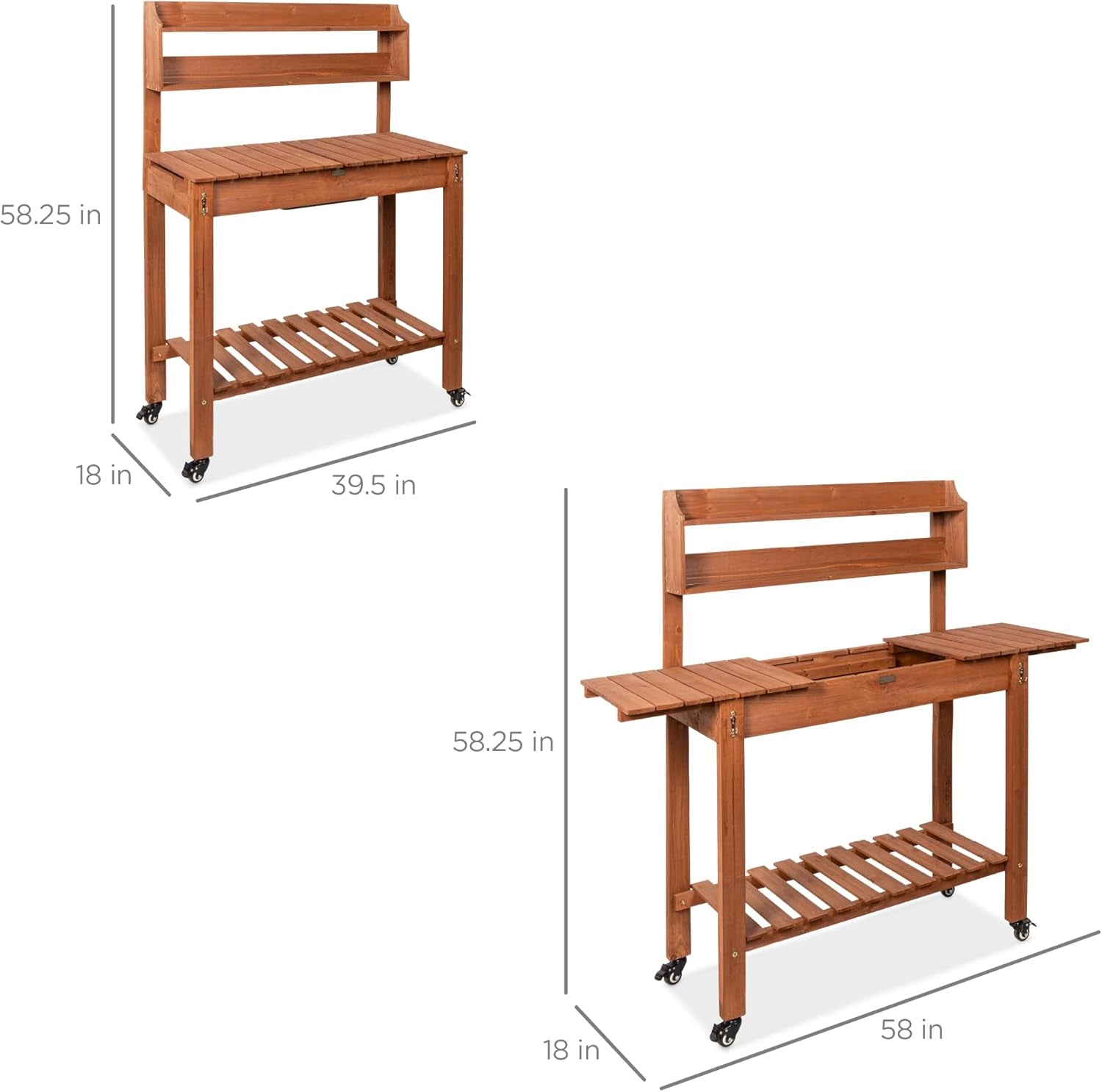 Mobile Garden Potting Bench, Outdoor Wood Workstation Table W/Sliding Tabletop, 4 Locking Wheels, Food Grade Dry Sink, Storage Shelves - Brown