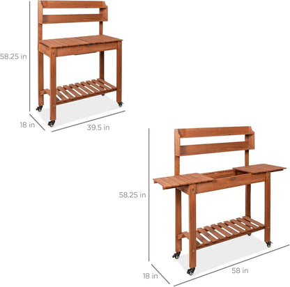 Mobile Garden Potting Bench, Outdoor Wood Workstation Table W/Sliding Tabletop, 4 Locking Wheels, Food Grade Dry Sink, Storage Shelves - Brown