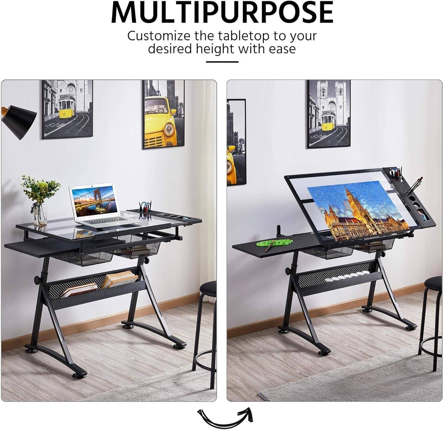 Drawing Table, Art Craft Desk with Adjustable Tabletop, Painters/Artist Work Station, Study Table with Stool, Tempered Glass Top