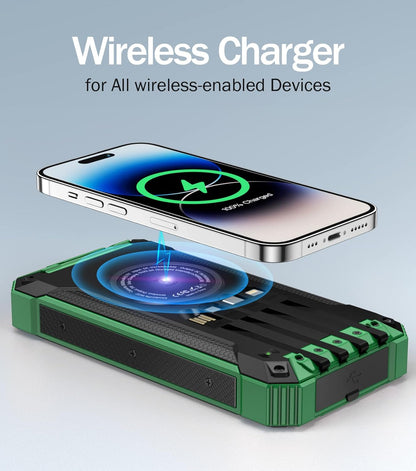 Power Bank Wireless Charger 36000Mah Built in 4 Cables Six Outputs 15W Fast Charging Power Bank for All Mobile Devices Three Inputs Solar Portable Charger with Dual Flashlights, Carabiner