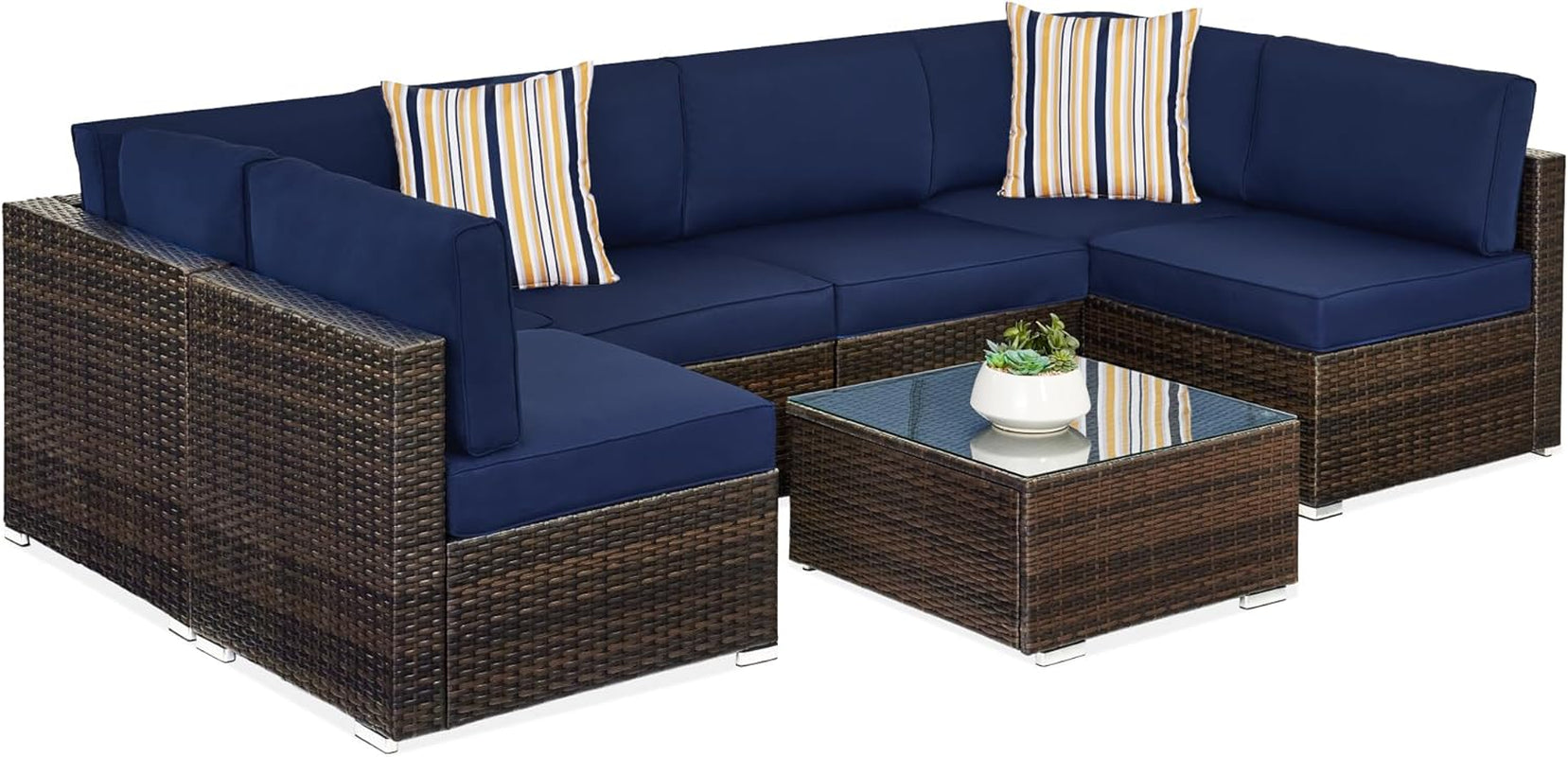 7-Piece Modular Outdoor Sectional Wicker Patio Conversation Set W/ 2 Pillows, Coffee Table, Cover Included - Gray/Navy