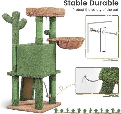 Cactus Cat Tree, 42In Cat Tower for Indoor Cats, Multi Level Cat Condo Scratching Post, Cat Activity Center Pet Furniture W/Ball, Plush Perch, Platform, Basket