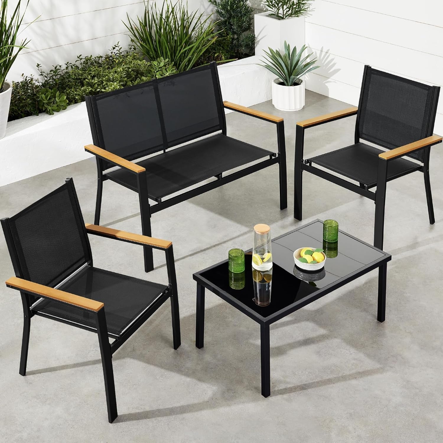 4-Piece Outdoor Textilene Patio Conversation Set, Backyard Furniture W/Loveseat, Coffee Table, Steel Frame - Taupe/Charcoal