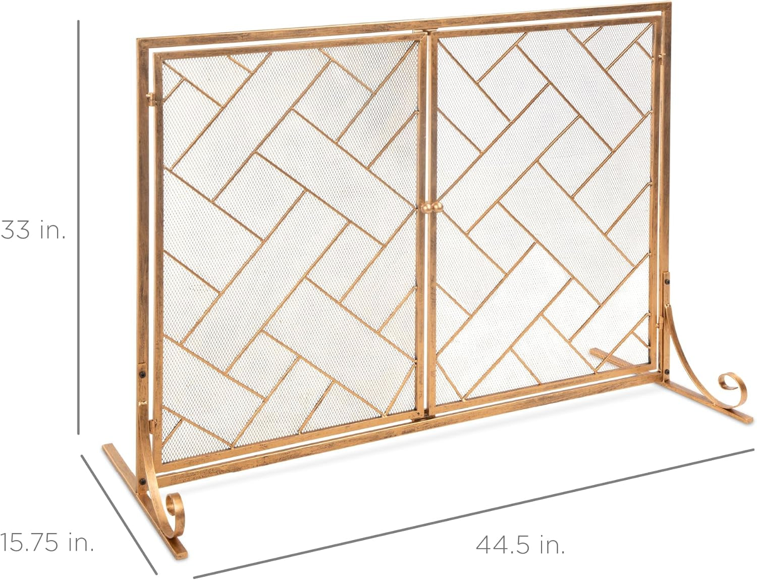 44X33In 2-Panel Handcrafted Wrought Iron Decorative Mesh Geometric Fireplace Screen, Fire Spark Guard W/Magnetic Doors - Gold