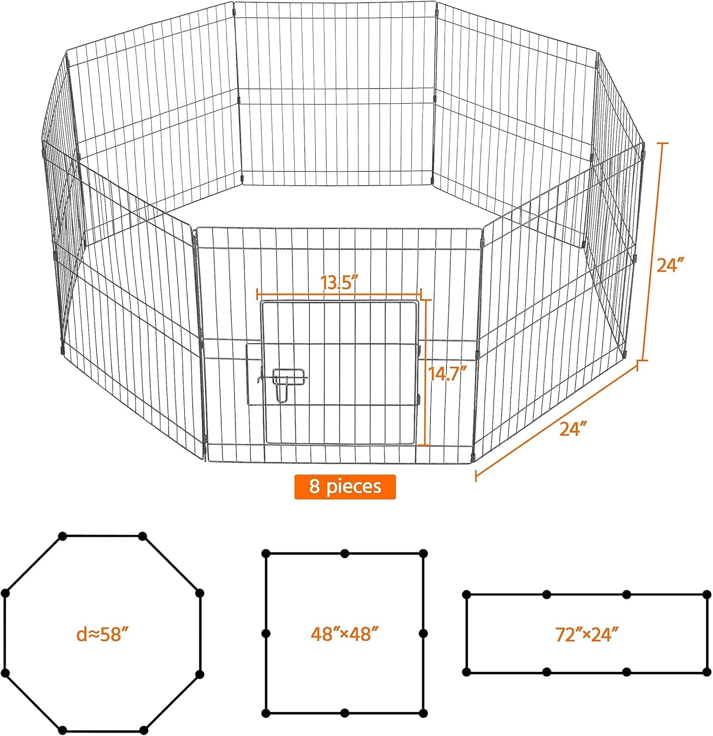 24&quot; High 8 Panel Foldable Metal Dog Exercise Pen Pet Playpen Dog Fence Outdoor &amp; Indoor Use for Small Animals with Door Black