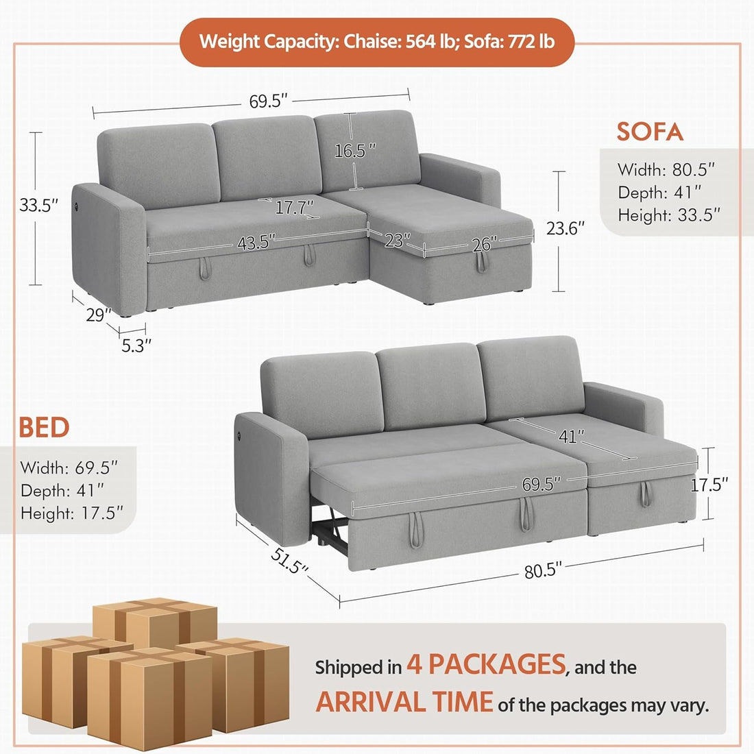 Sectional Sofa L-Shaped Sofa Couch Bed W/Chaise &amp; USB, Reversible Couch Sleeper W/Pull Out Bed &amp; Storage Space, 4-Seat Fabric Convertible Sofa, Pull Out Couch Light Gray