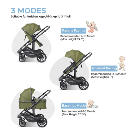 Baby Stroller with Newborn Bassinet, Baby/Infant Strollers W Convertible/Reversible Seat &amp; Cup Holder, Coches Para Bebes, 2-In-1 Rear-Facing Pram, One-Hand Quick Fold, 516M, Green