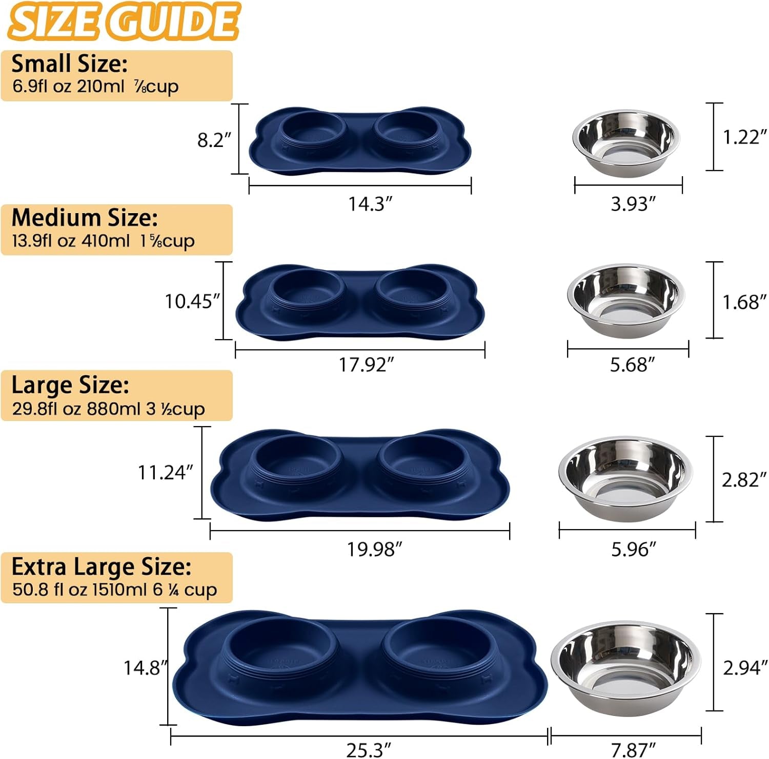 Pet Dog Bowls 2 Stainless Steel Dog Bowl with No Spill Non-Skid Silicone Mat + Pet Food Scoop Water and Food Feeder Bowls for Feeding Small Medium Large Dogs Cats Puppies (Small, Navy Blue)