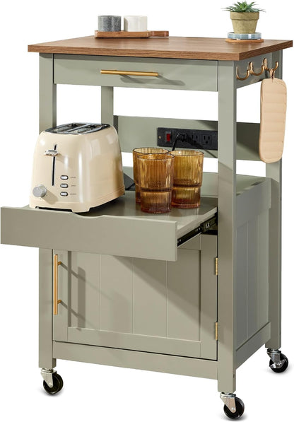 Rolling Kitchen Island Cart, Single Door Cabinet W/Drawer, Sliding Tray, Hidden Outlet, Hooks, &amp; Lockable Wheels - Onyx Black