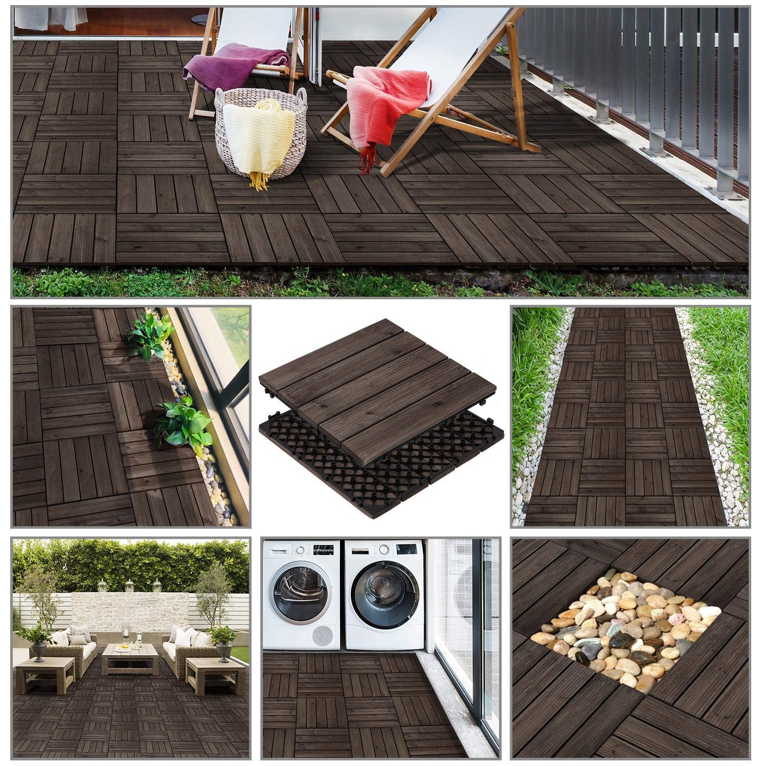 11Pcs Patio Deck Tiles 12 X 12In Interlocking Wood Floor Tiles Indoor &amp; Outdoor for Patio Garden Deck Poolside Tiles, Black