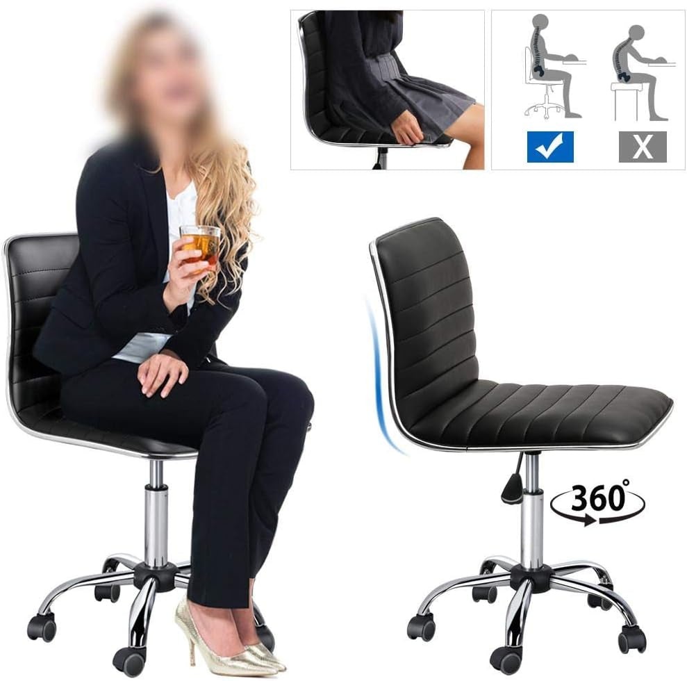 Armless Office Chair Low Back Swivel Computer/Desk/Task Chair Adjustable Makeup Stools on Wheels Dark Grey