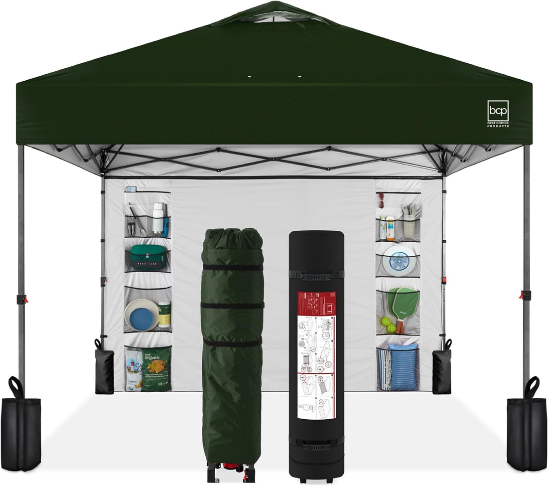 10X10Ft Easy Pop up Canopy W/Side Wall, 10 Pockets, Portable Carrying Case, 1-Button Setup, 4 Weight Bags - Dark Green