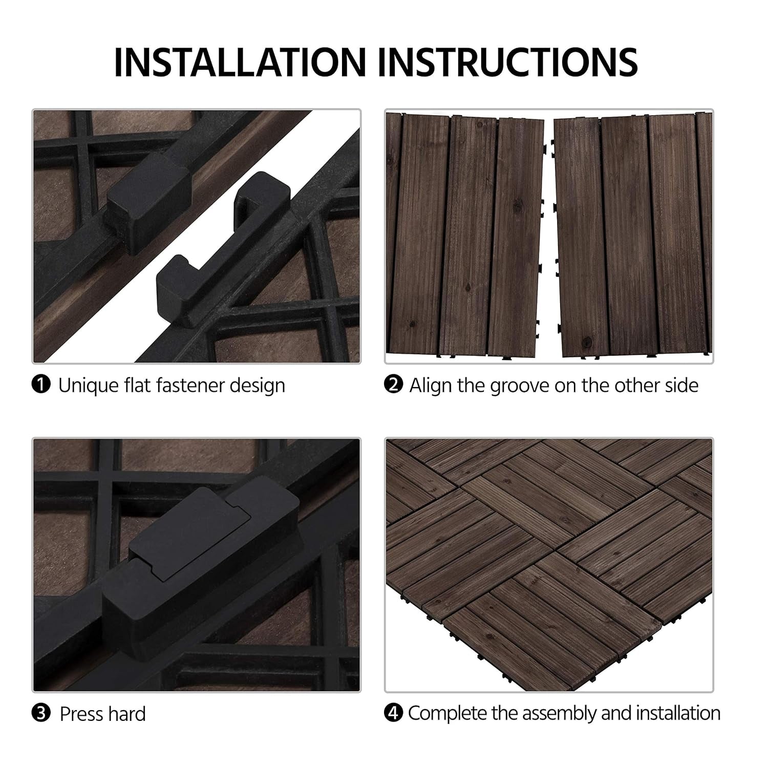 11Pcs Patio Deck Tiles 12 X 12In Interlocking Wood Floor Tiles Indoor &amp; Outdoor for Patio Garden Deck Poolside Tiles, Black