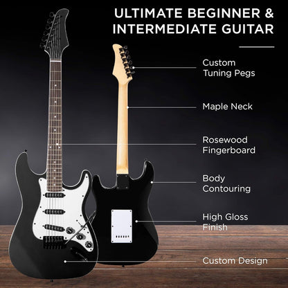 39In Full Size Beginner Electric Guitar Starter Kit W/Case, Strap, 10W Amp, Strings, Pick, Tremolo Bar - Jet Black