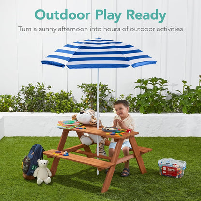 Kids Wooden Picnic Table, Outdoor Activity &amp; Dining Table W/Adjustable Collapsible Umbrella, Built-In Seats - Golden Brown/Navy