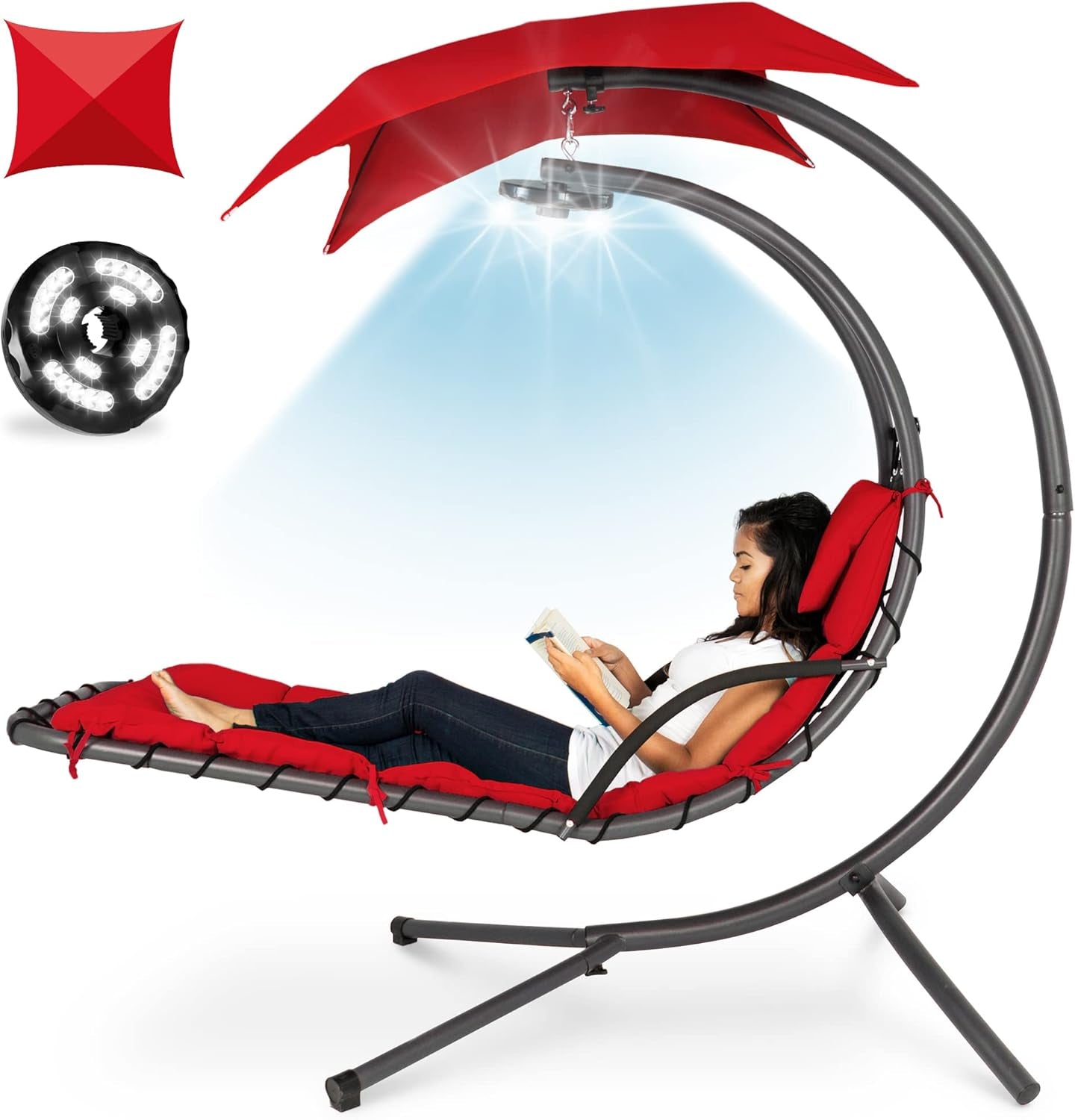 Hanging Led-Lit Curved Chaise Lounge Chair Swing for Backyard, Patio, Lawn W/ 3 Light Settings, Weather-Resistant Pillow, Removable Canopy Shade, Steel Stand - Teal