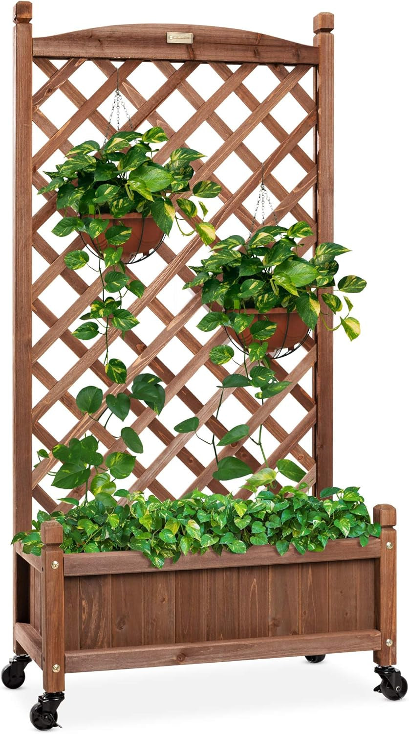 Set of 2 48In Wood Planter Box &amp; Diamond Lattice Trellis, Mobile Outdoor Raised Garden Bed for Climbing Plants W/Drainage Holes, Optional Wheels - Walnut