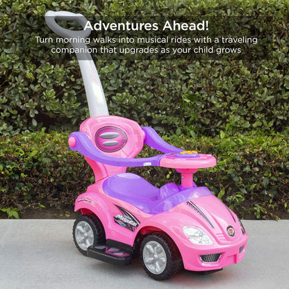 Kids 3-In-1 Push and Pedal Car Toddler Ride on W/Handle, Horn, Music - Pink