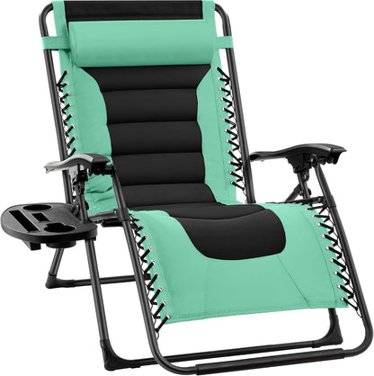 Oversized Padded Zero Gravity Chair, Folding Outdoor Patio Recliner, XL anti Gravity Lounger for Backyard W/Headrest, Cup Holder, Side Tray, Polyester Mesh - Black/Gray