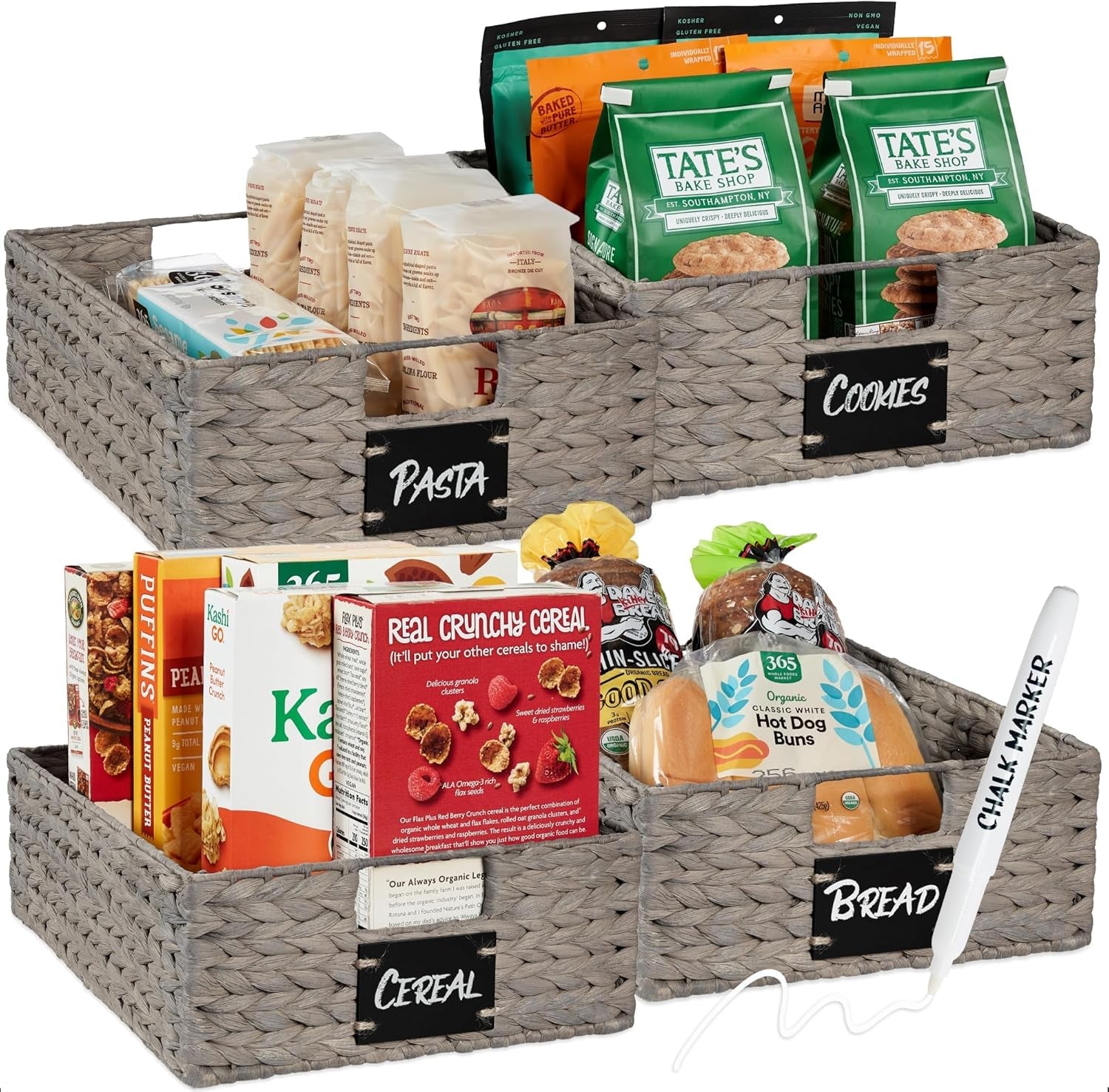 Set of 4 9X12In Water Hyacinth Pantry Baskets, Woven Kitchen Organizers W/Chalkboard Label, Chalk Marker - Natural