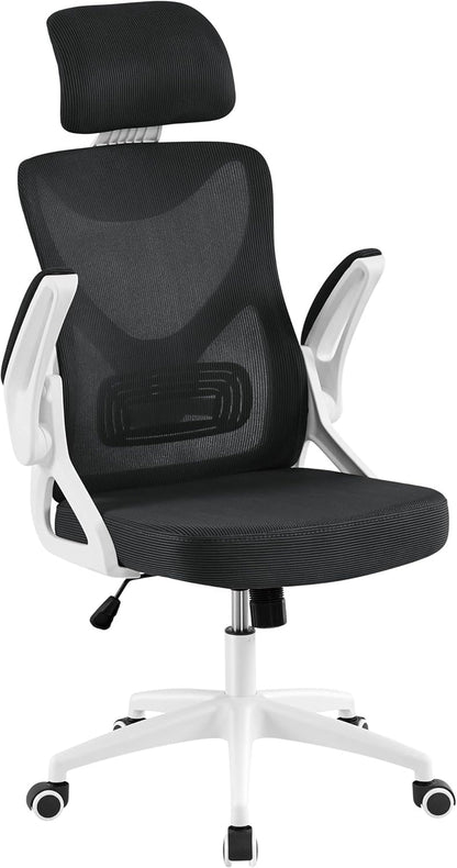 Ergonomic Mesh Office Chair, High Back Desk Chair with with Flip-Up Armrests, Adjustable Padded Headrest Computer Chair with Lumbar Support for Home Oiffce Game Room, White/Gray