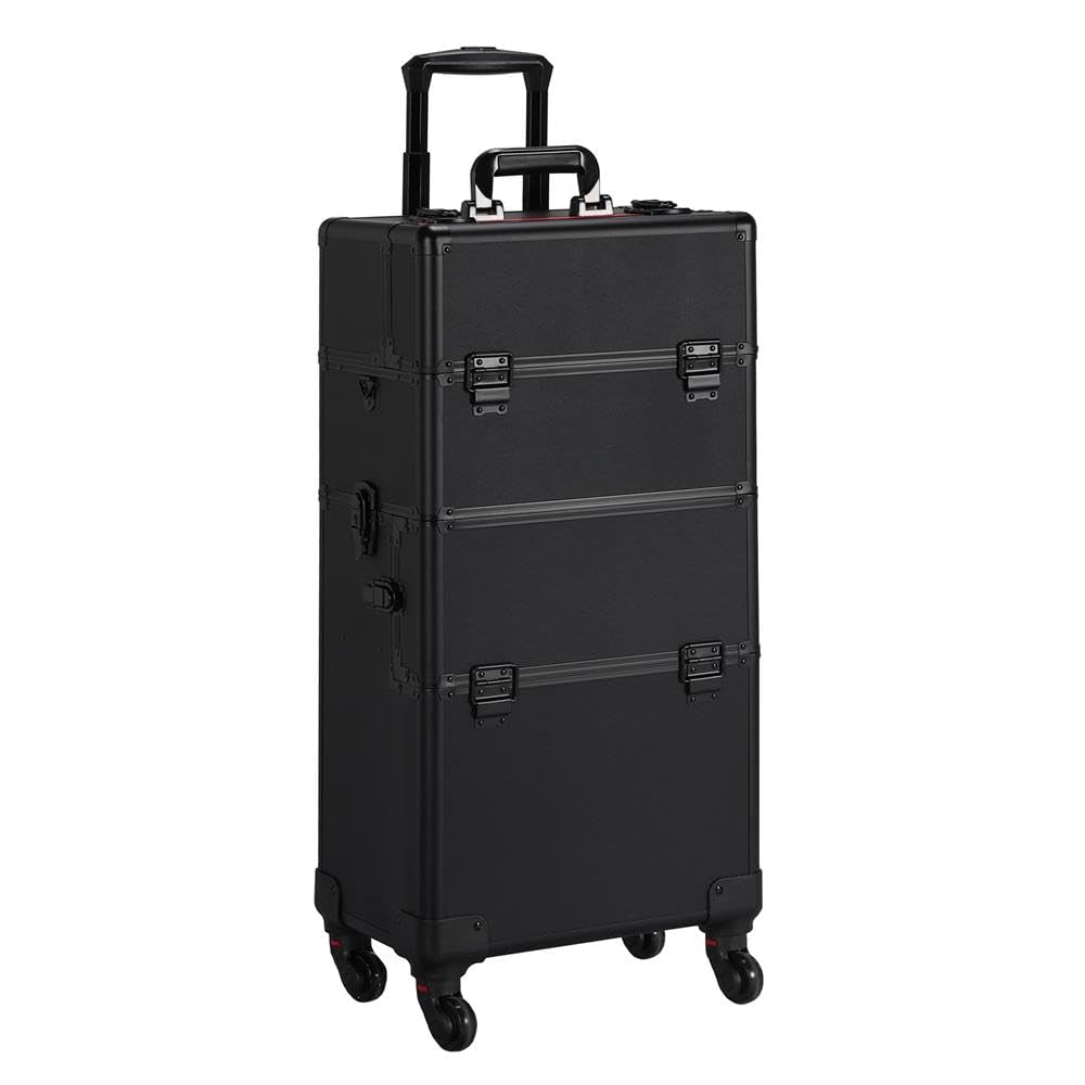 Makeup Train Case 3 in 1 Professional Cosmetic Trolley Multi-Functional Organizers Large Storage Traveling Cart Trunk for Nail Tech - Black